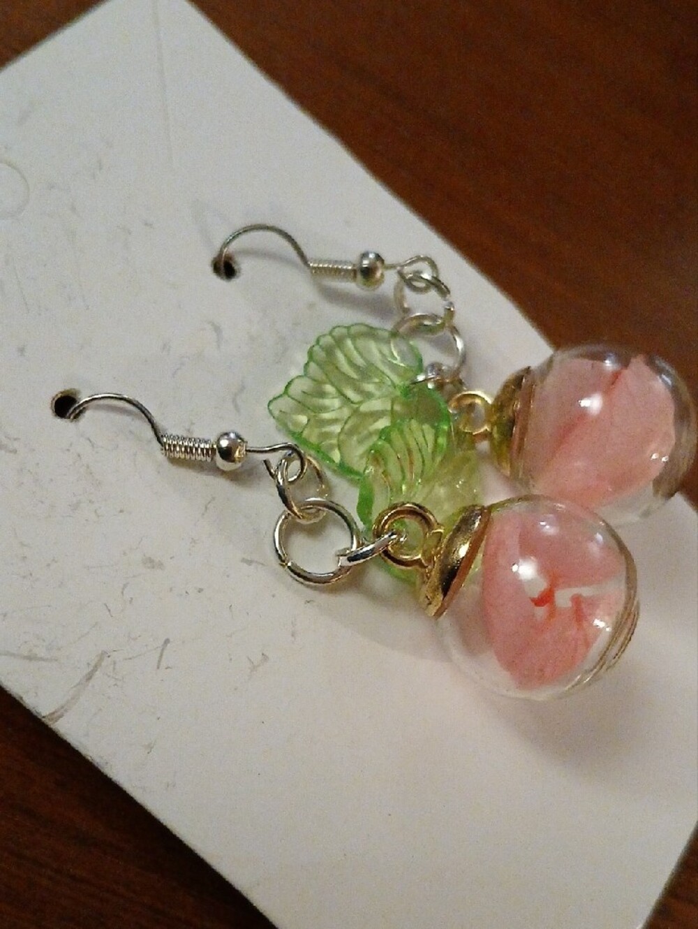 Handmade Pink Glass Flower & Green Leaf Dangle Earrings - Picture 8 of 8